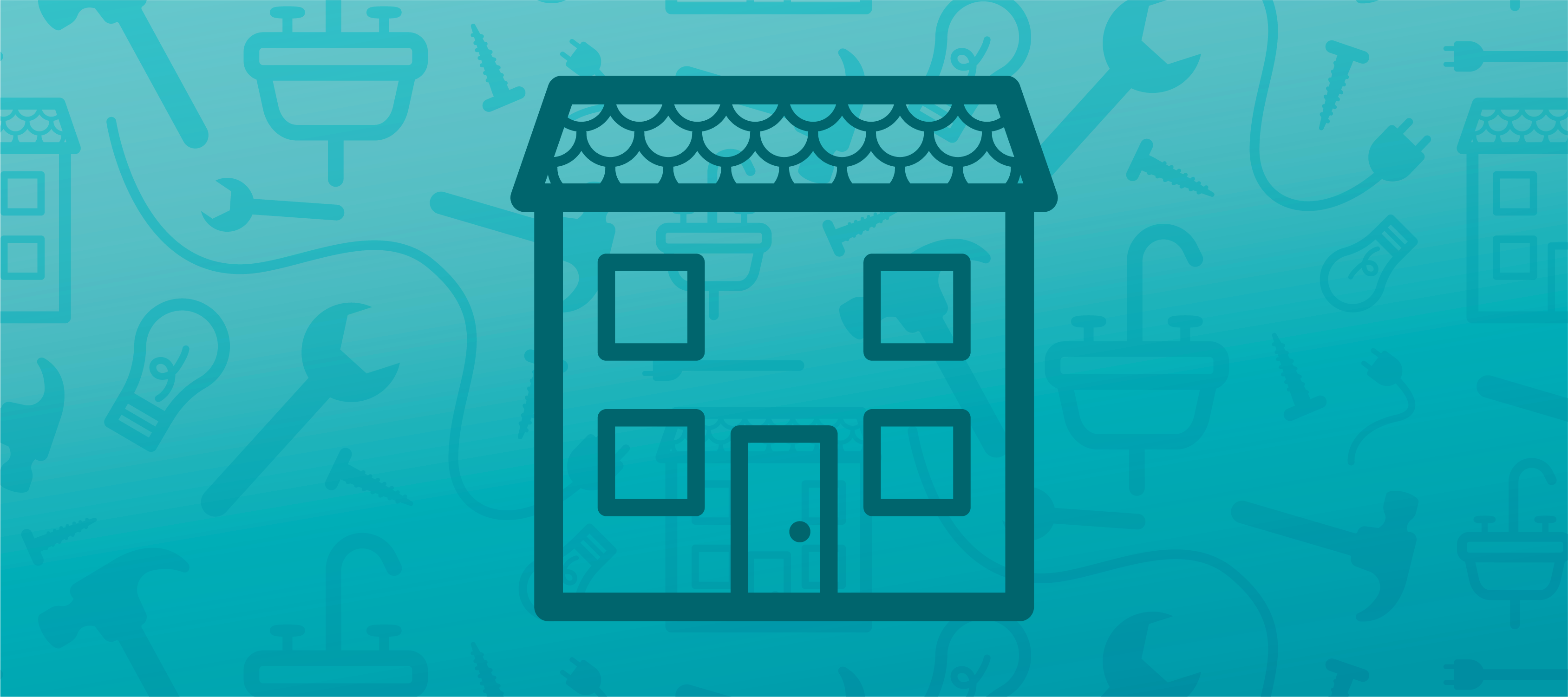 A blue header image featuring an icon of a house in the center and faded contractor icons in the background