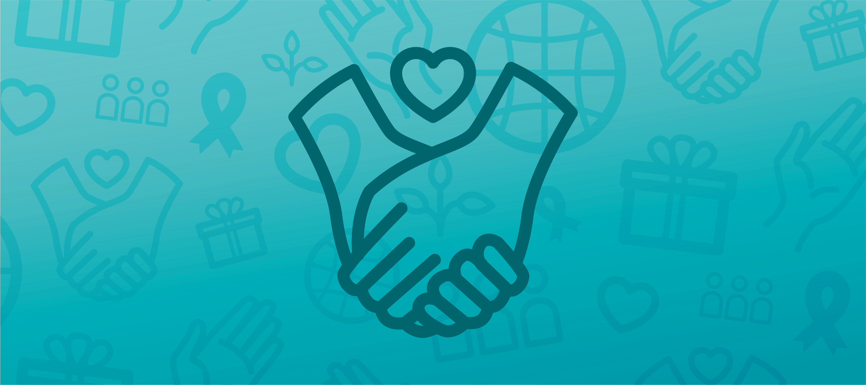 A blue header image featuring an icon of hands holding each other with a heart above them in the center and faded helping icons in the background