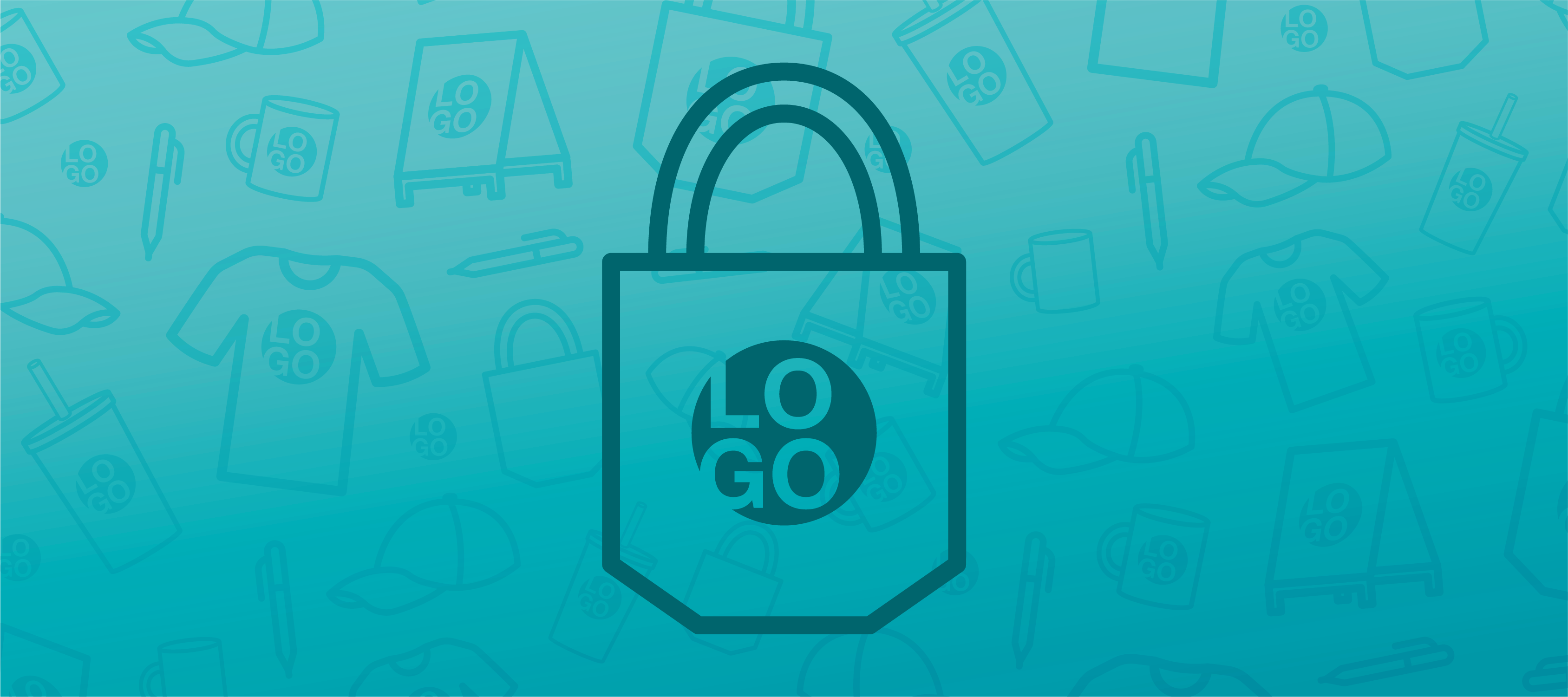 A blue header image featuring an icon of a branded tote bag in the center and faded promo product icons in the background