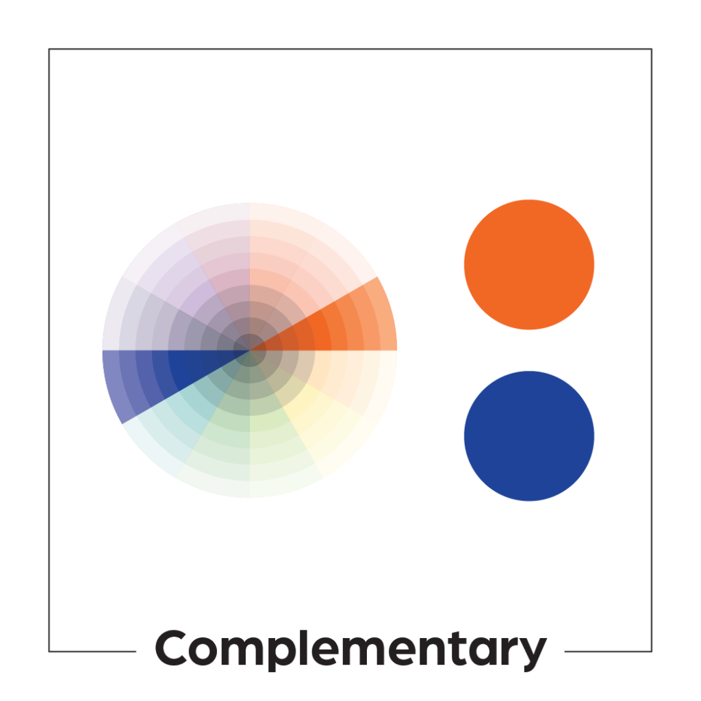 A color palette and circles showing a complementary color palette: orange and blue