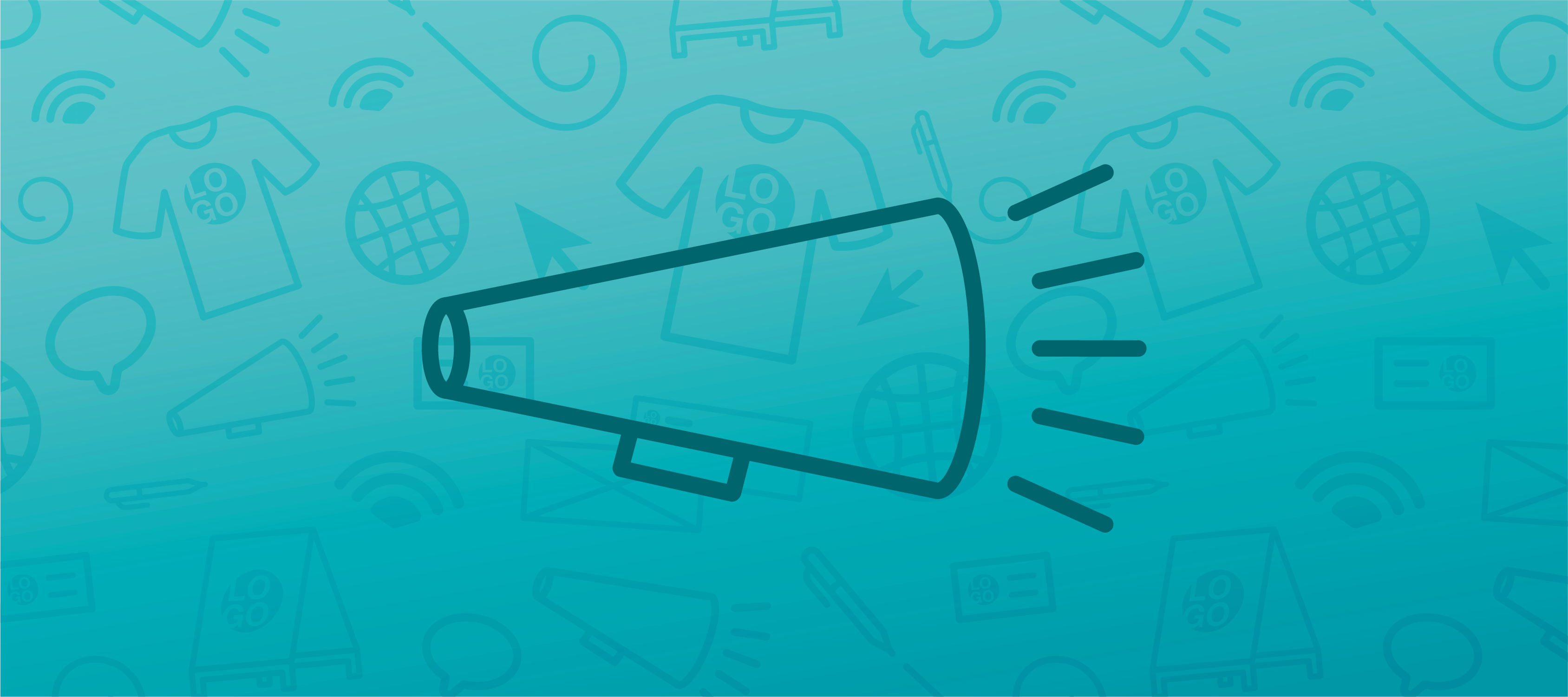 A blue header image featuring an icon of a megaphone in the center and faded marketing icons in the background