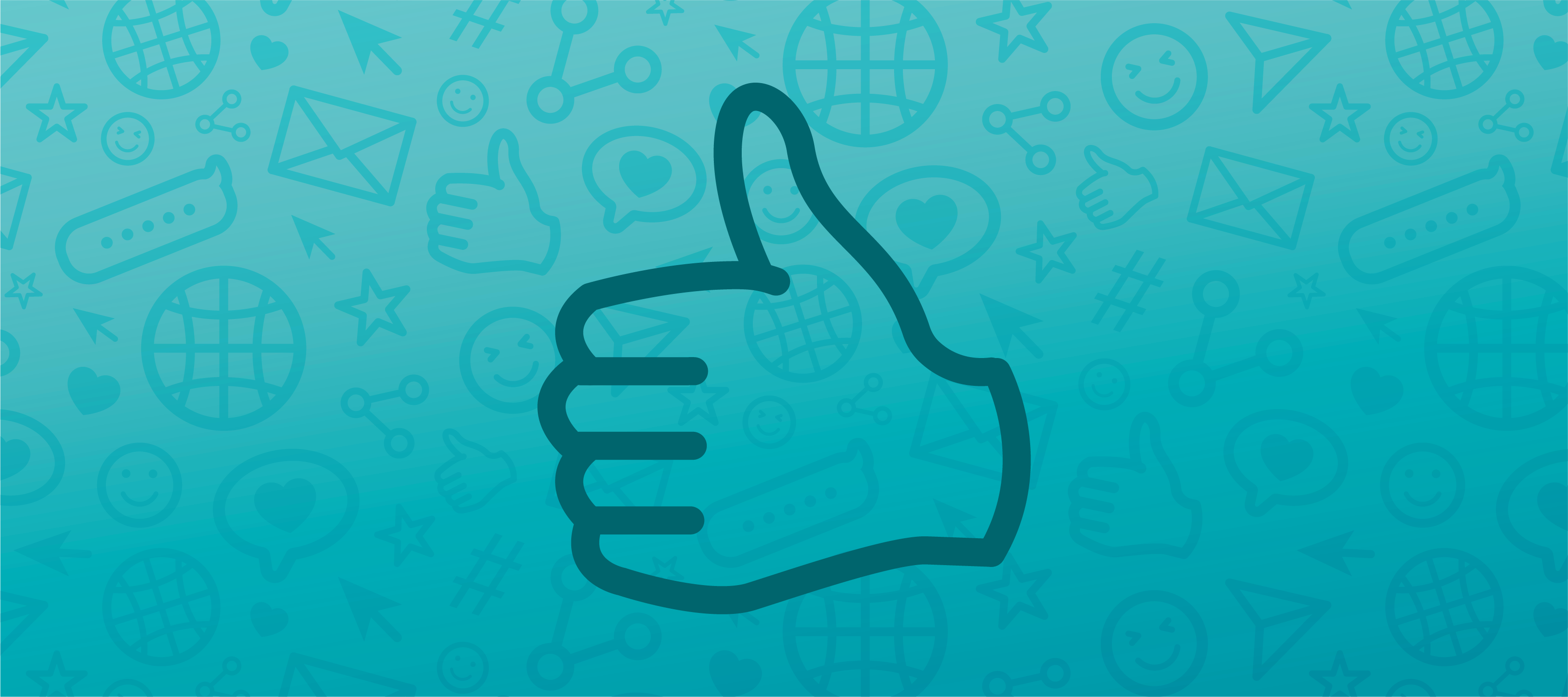A blue header image featuring an icon of a thumbs up in the center and faded social icons in the background