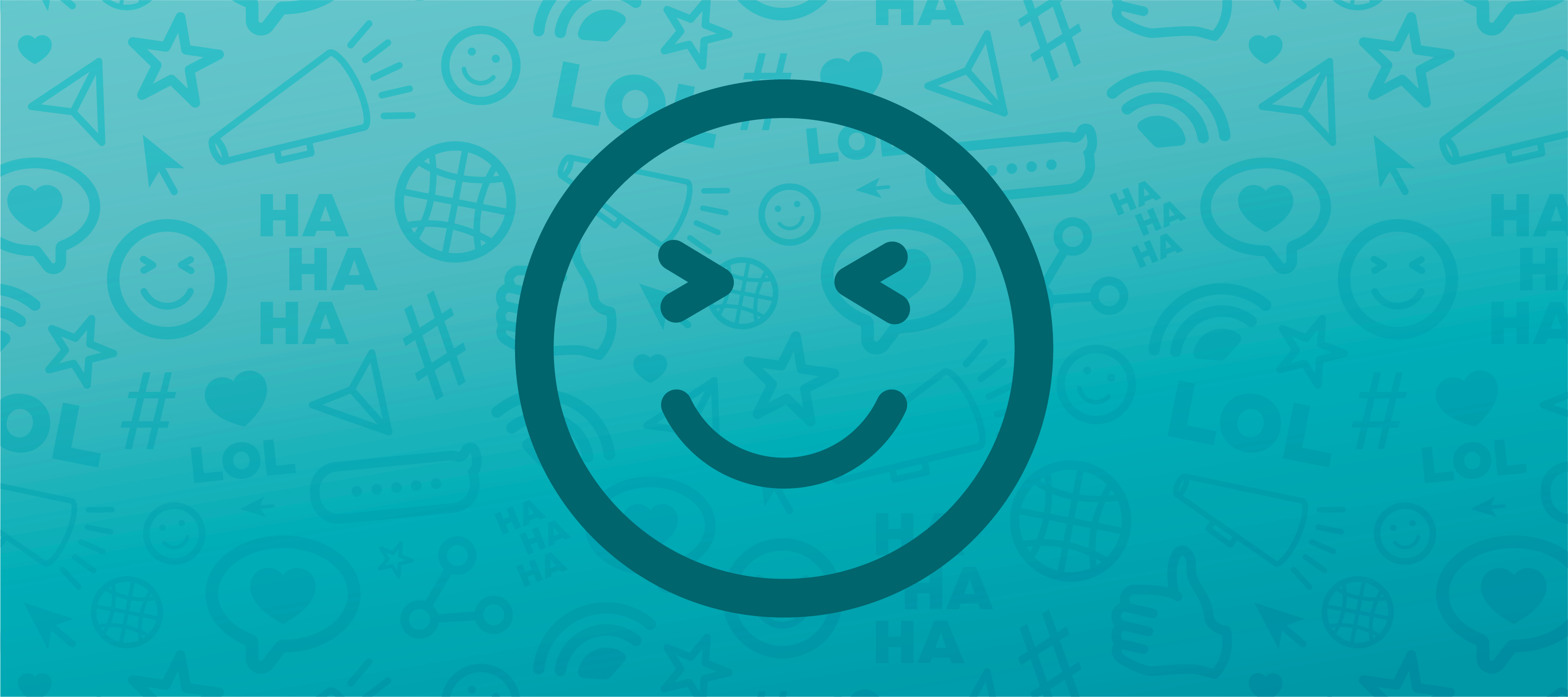 A blue header image featuring an icon of a smiley face in the center and faded social icons in the background