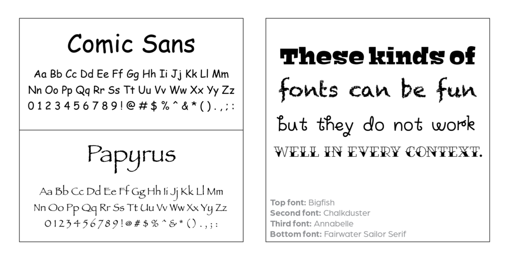 This image shows Comic Sans and Papyrus, along with some decorative-type fonts typed out to say "These kinds of fonts can be fun but they do not work well in every context."