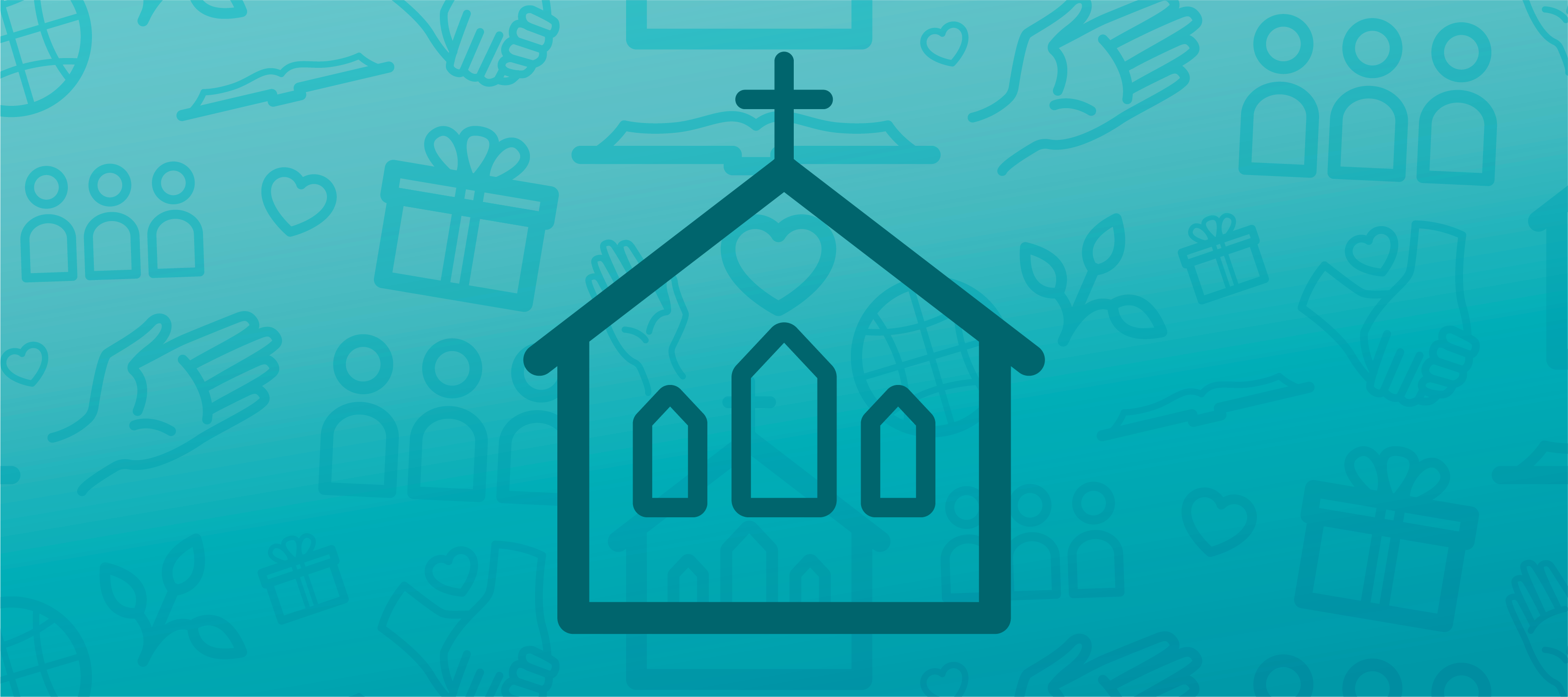 A blue header image featuring an icon of a church in the center and faded churchy icons in the background