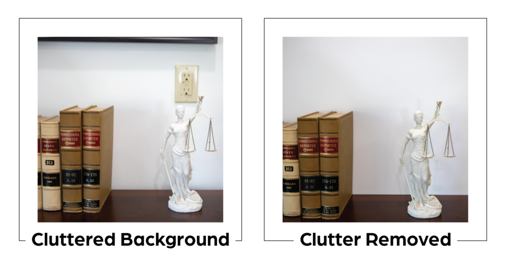 Two photographs side-by-side. The photo on the left shows a Lady Justice figurine, law books, and the bottom of a picture frame and an outlet on the wall behind. The photo on the right shows Lady Justice and the law books with a blank white background.