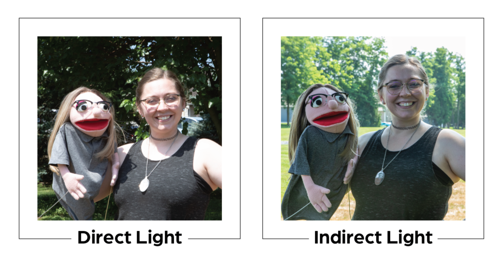 Two photographs side-by-side. The photo on the left shows a woman and puppet smiling in direct sunlight, with harsh shadows and a dark background. The photo on the right shows the same woman and puppet, but there are softer shadows and a lighter background.