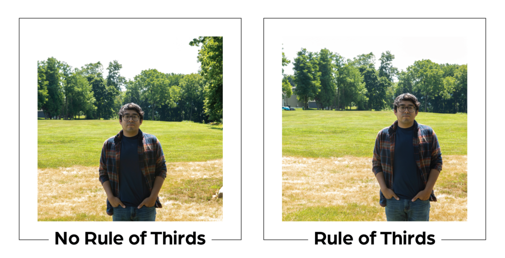 Two photographs side-by-side. The photo on the left shows a young man standing in the center of the photo. The photo on the right shows the same young man standing off to the right side of the photo.