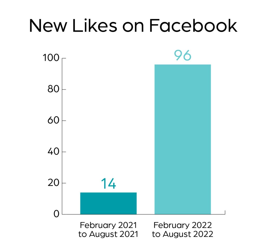 A bar graph that shows the difference of new Facebook likes. In 2021, it was 14. In 2022, it is 96