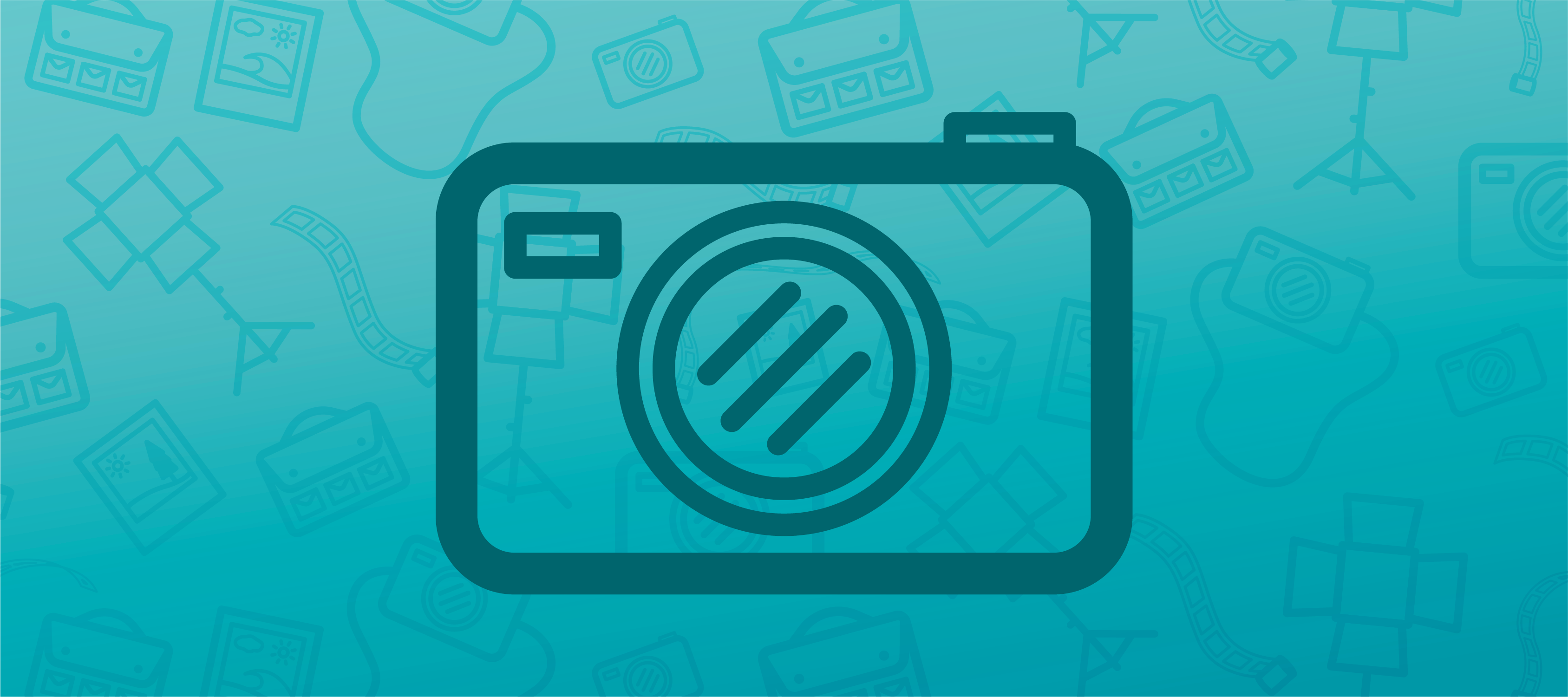 A blue header image featuring an icon of a camera in the center and faded photography icons in the background