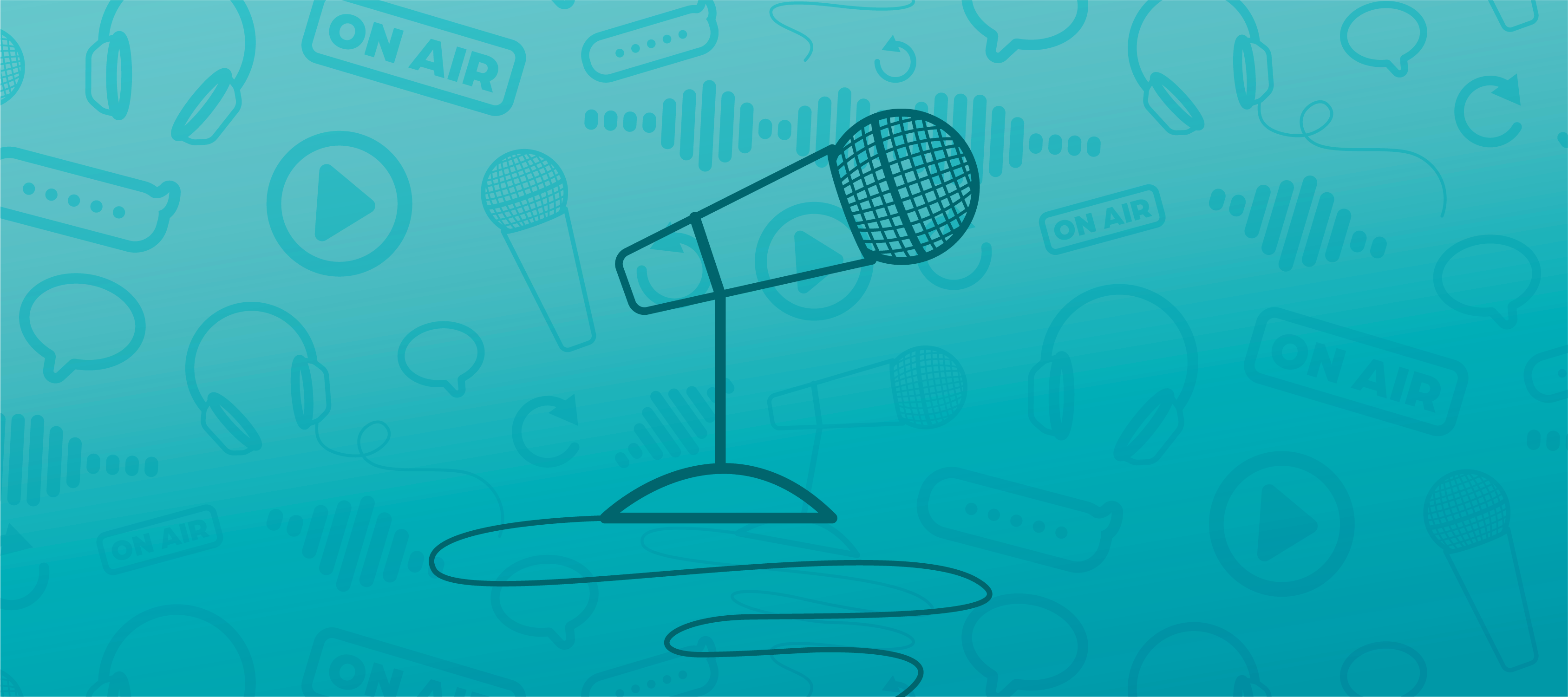 A blue header image featuring an icon of a microphone in the center and faded podcasting icons in the background