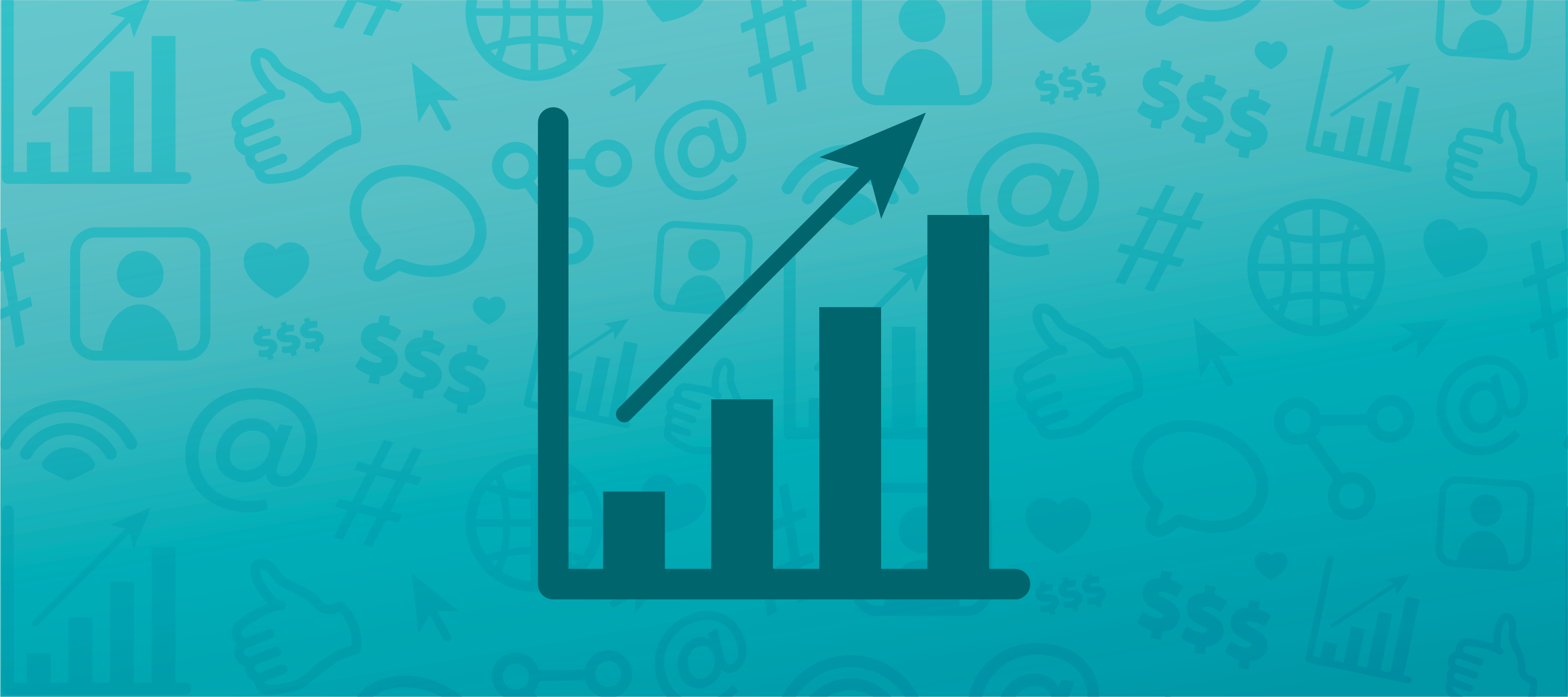 A blue header image featuring an icon of a growing bar graph in the center and faded marketing icons in the background