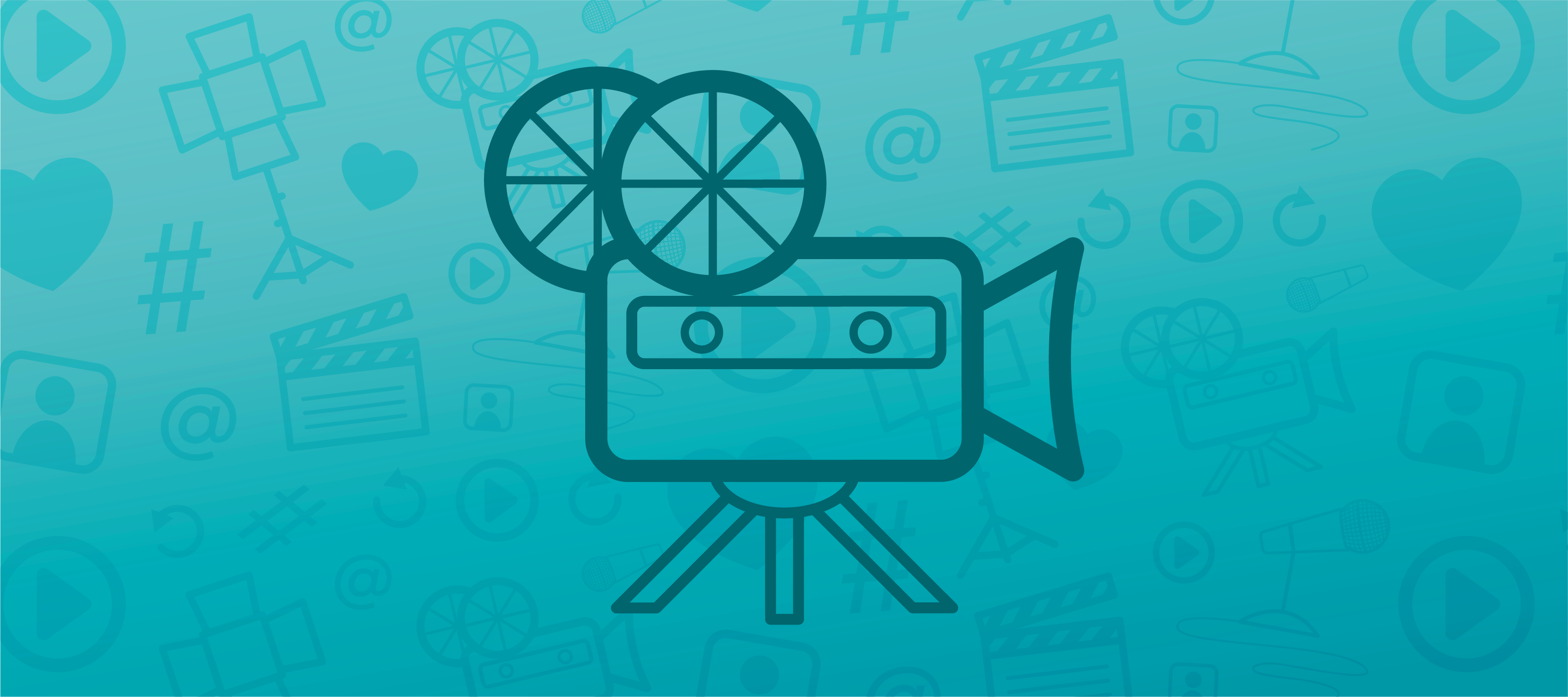 A blue header image featuring an icon of a film camera in the center and faded video icons in the background