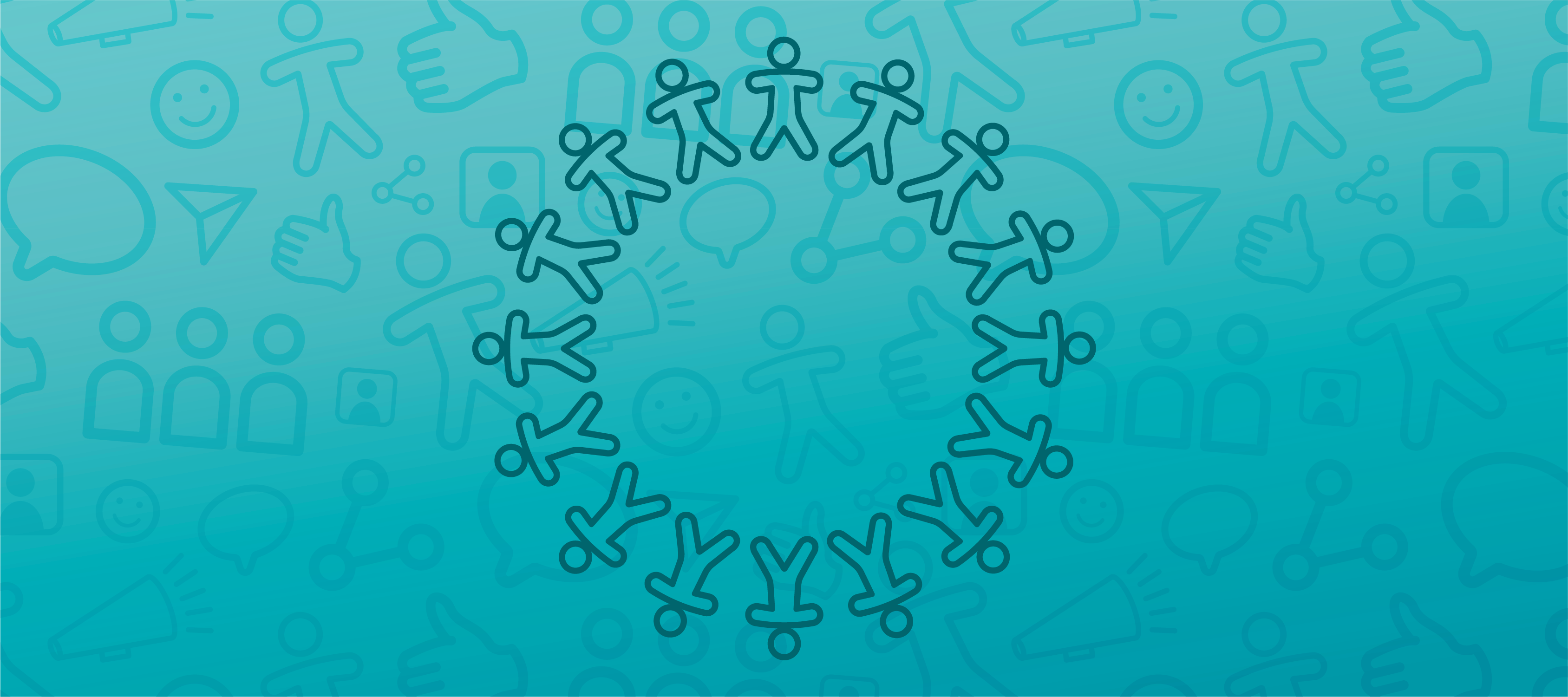 A blue header image featuring an icon of a circle of people in the center and faded marketing icons in the background