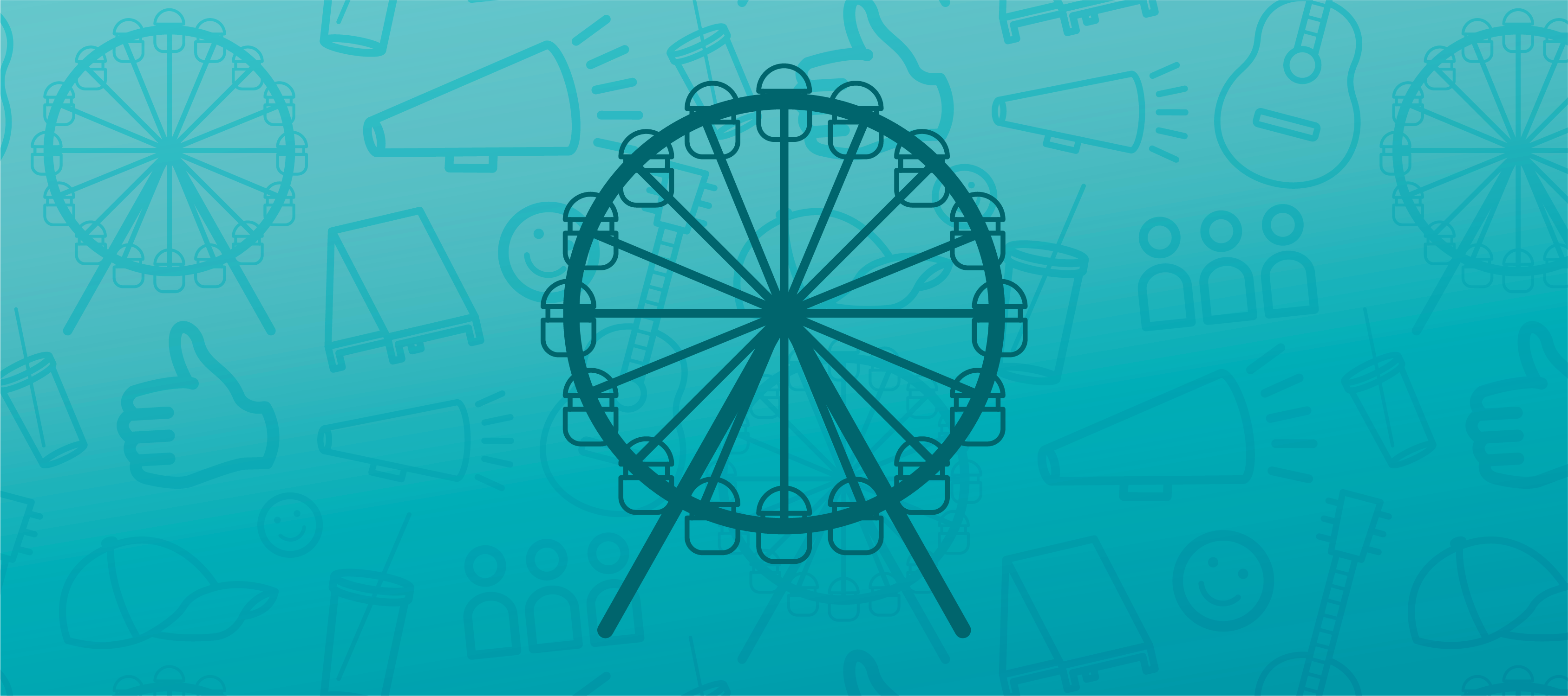 A blue header image featuring an icon of a ferris wheel in the center and faded event icons in the background