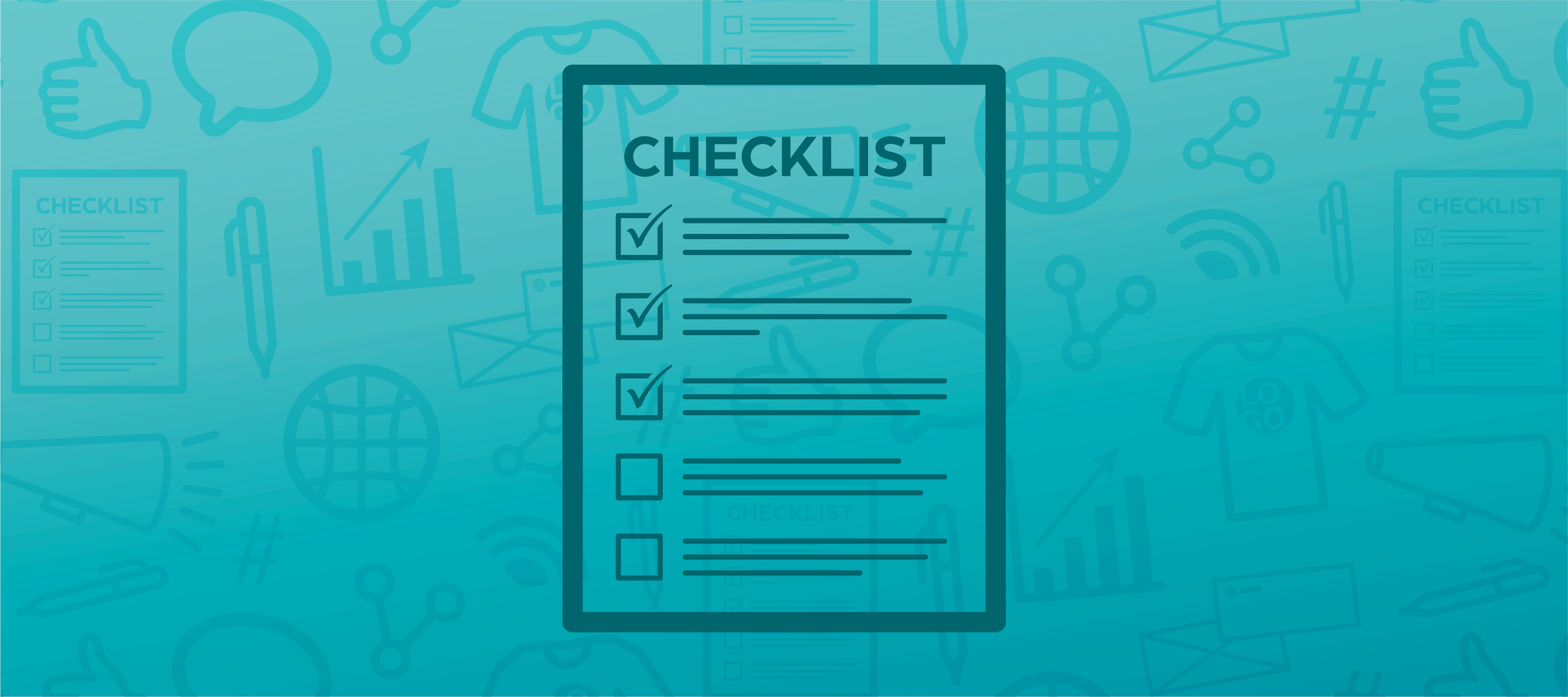A blue header image featuring an icon of a checklist in the center and faded marketing icons in the background