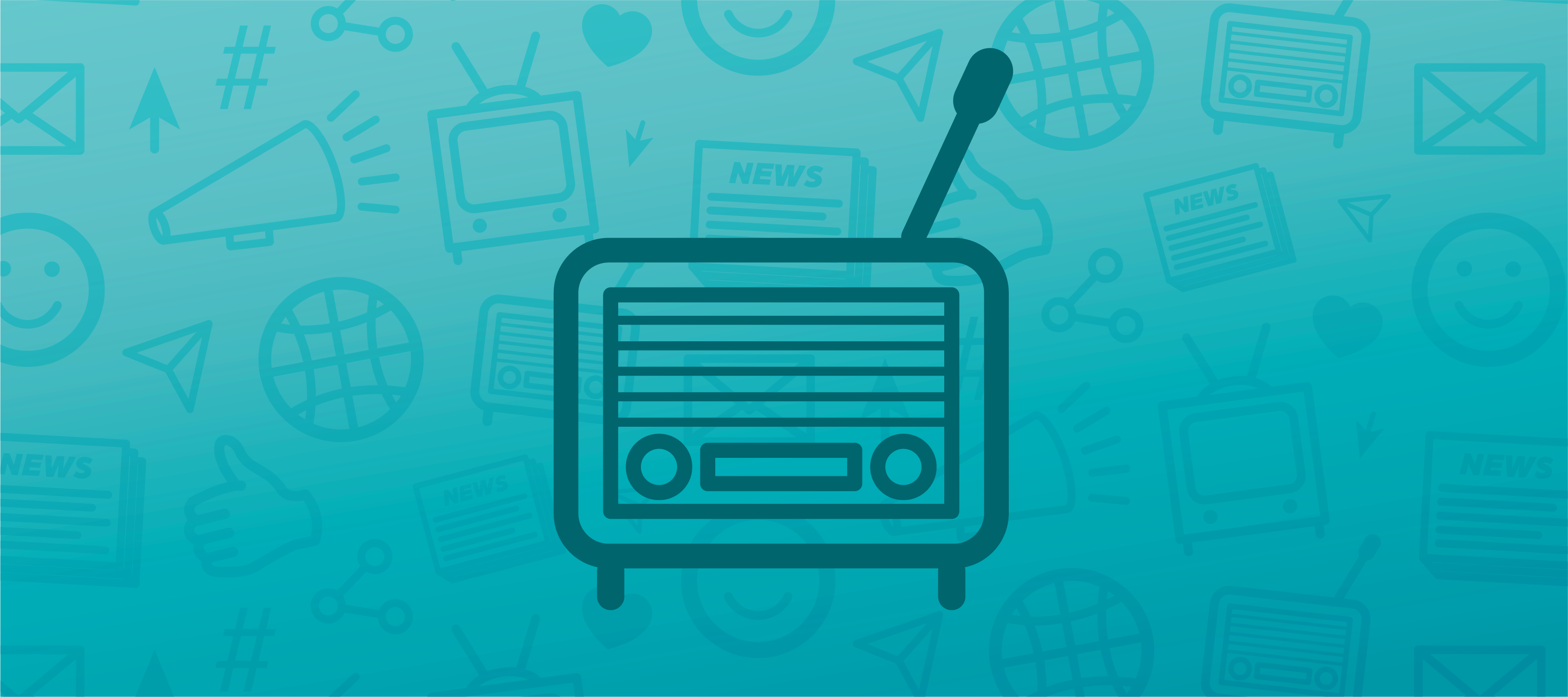 A blue header image featuring an icon of an old timey radio in the center and faded marketing icons in the background