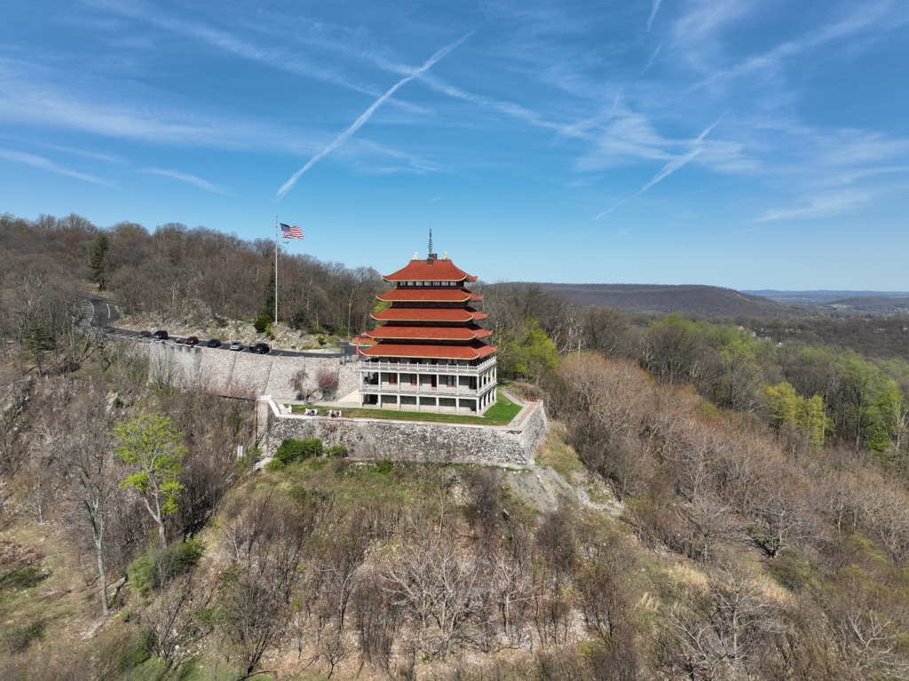 Drone photography example: A wide shot of the Pagoda in Reading, Pennsylvania