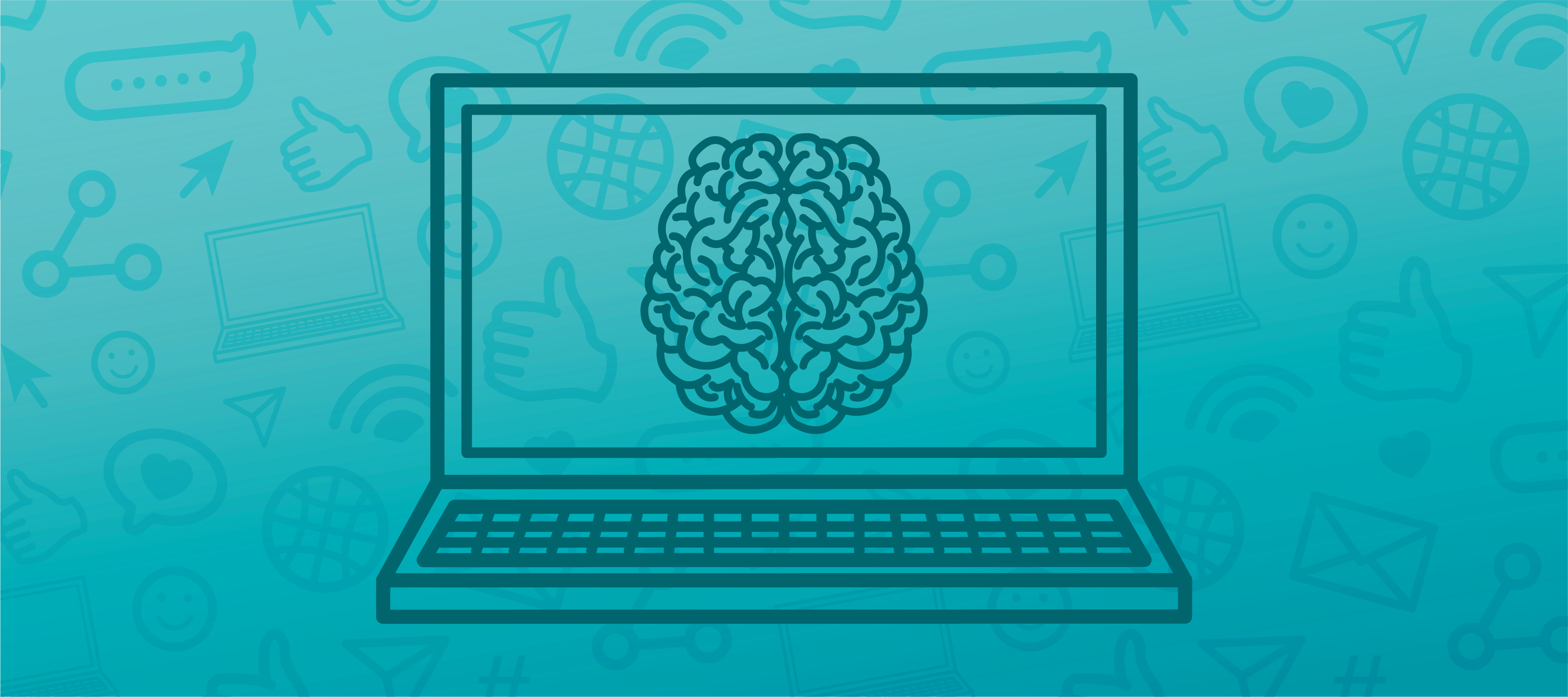 A blue header image featuring an icon of a laptop with a brain on it in the center and faded internet icons in the background
