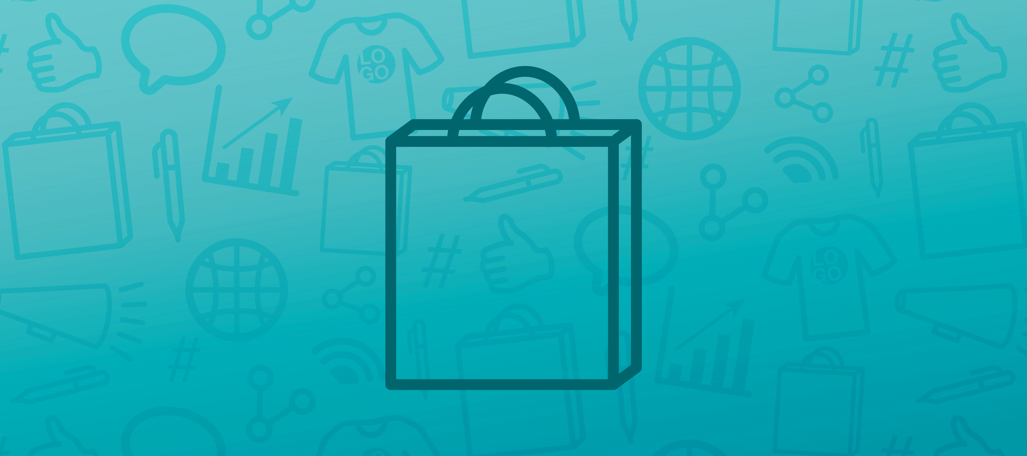 A blue header banner with a shopping bag featured in the middle and a light pattern of marketing-related icons in the background