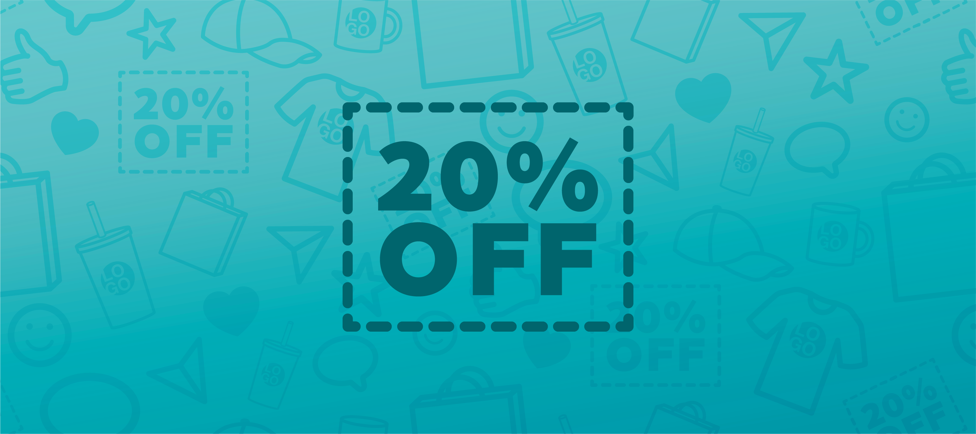 A blue header image with an icon of a 20% off coupon in the center and faded marketing icons in the background