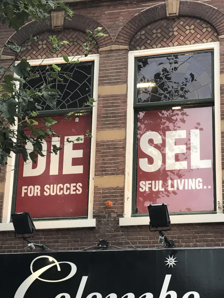 A poster cut in half and placed in two windows. One sign looks like it says "Die for succes" and the other side says "SEL sful living." It's supposed to say "DIESEL for Successful Living"