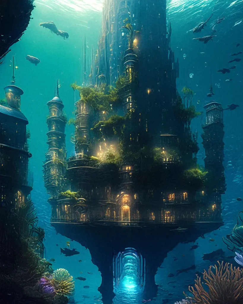 An example of an AI generated image. This one features an underwater city with strange, blobby fish around it.
