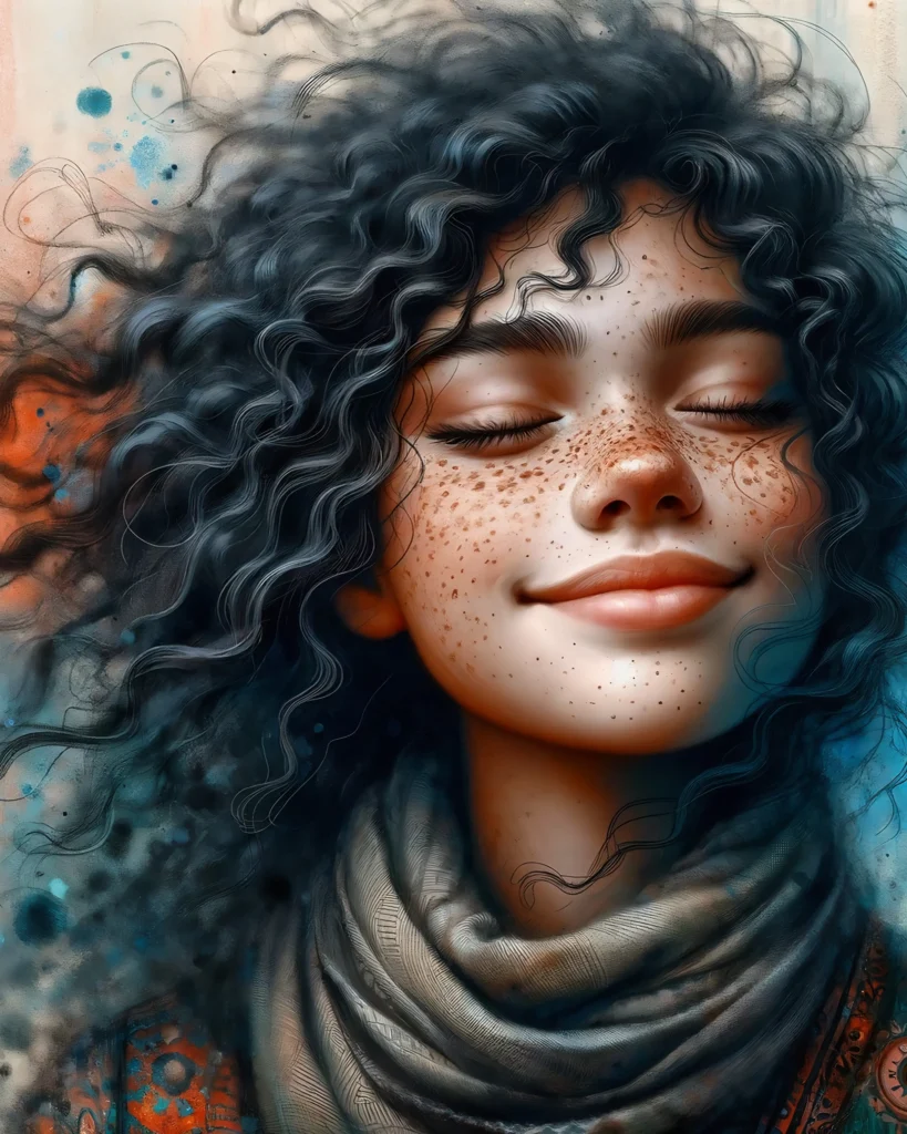 An example of an AI generated image. It features a computer-generated girl with freckles, smiling.