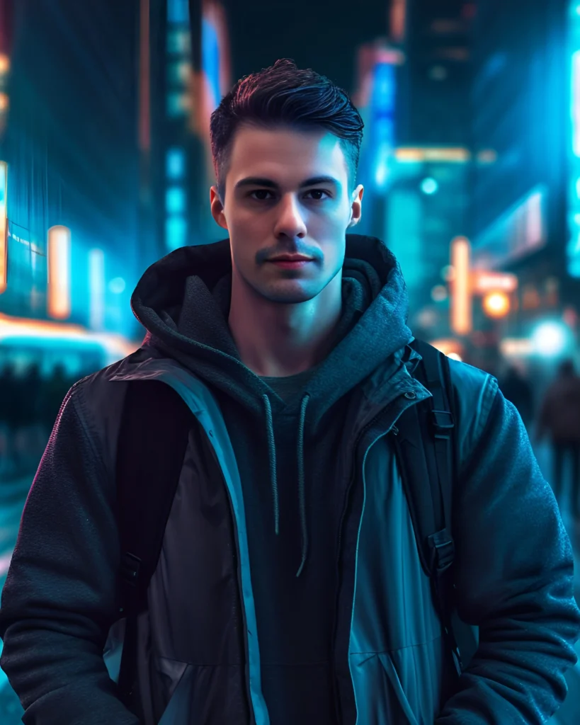 An example of an AI generated image. It shows a computer generated man standing in a nighttime cityscape.